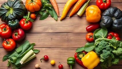 Fresh vegetables arranged in a heart shape on a rustic wooden table, showcasing natural colors.