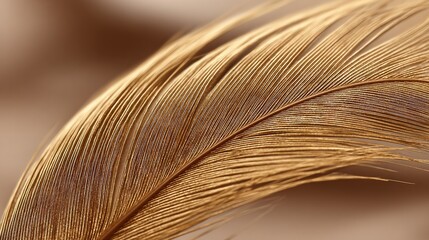 Golden brown feather macro shot with fine detailed texture and smooth curves, natural abstract background for elegant artistic and design concepts