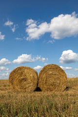 Two golden round hay bales in harvested field against blue cloudy sky