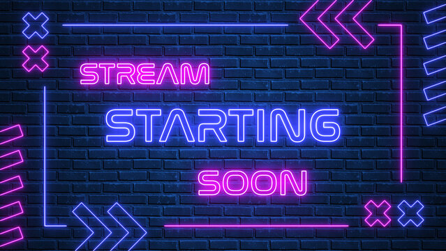 stream starting soon neon lights text and border frame on blue brick wall, streaming and broadcasting social media design element	