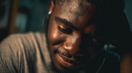 A close-up portrait of a smiling Black man, illuminated by soft lighting.