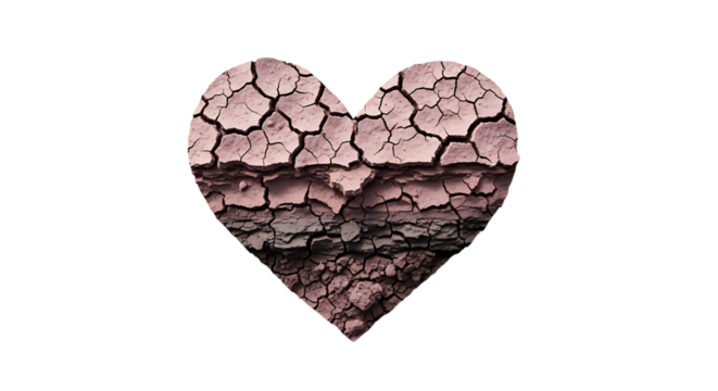Heart shape with cracked dry soil isolated on transparent background