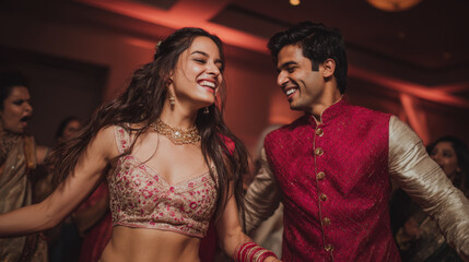 Happy indian couple dancing joyfully during their wedding reception.