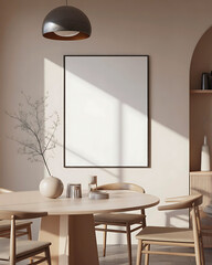 Modern dining room with a round wooden table and chairs bathed in warm sunlight from a window