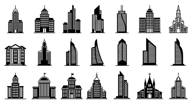 A collection of various architectural building silhouettes, showcasing different designs and styles.