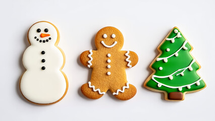 Festive cookies—snowman, gingerbread man, and Christmas tree—decorated with colorful icing, evoke holiday cheer, warmth, and seasonal celebration. AI generated.
