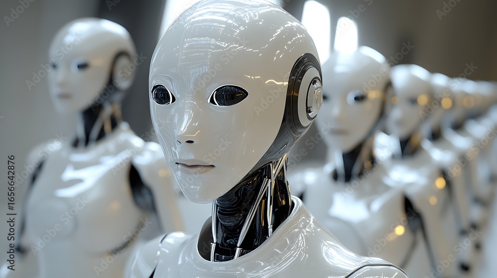 Poster a group of robots are lined up in a row