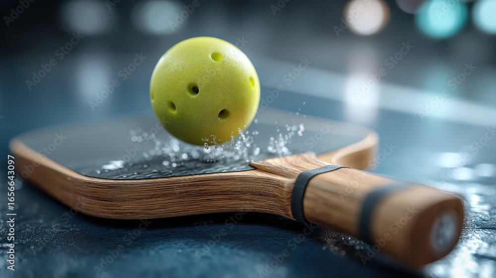 Poster a vibrant pickleball paddle and ball splashing water, showcasing an action-packed moment of the game