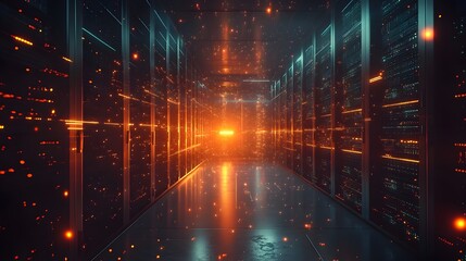 A long hallway with a bright orange light shining down