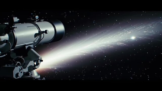 Powerful telescope in dark night sky with celestial object beam