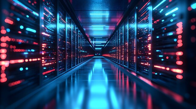 A long hallway with blue and red lights