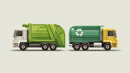 Two cartoon-style garbage trucks sit side-by-side against a neutral background
