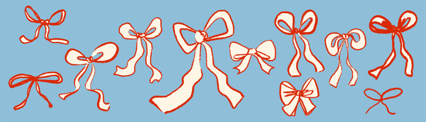 Ribbon bow knots hand drawn scribble design elements set. Hand-drawn whimsical doodle coquette stickers with chalk, charcoal, wax crayons texture. Naive abstract retro vector illustration isolated