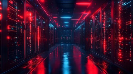 A long hallway with red lights and a blue floor