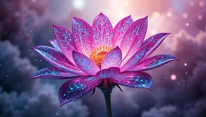Ethereal luminescent lotus flower with glowing cybernetic circuit patterns on its petals, set against a dreamy cloudscape, perfect for a fantasy book cover, technology concept, or sci-fi art.