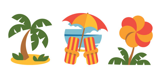 Naklejka premium Vibrant summer vacation montage: palm tree, beach umbrella, flip-flops, and abstract flower.