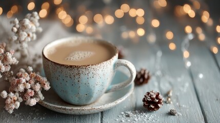 A blue ceramic mug with frothy beverage sits on a rustic wooden surface dusted with snow,