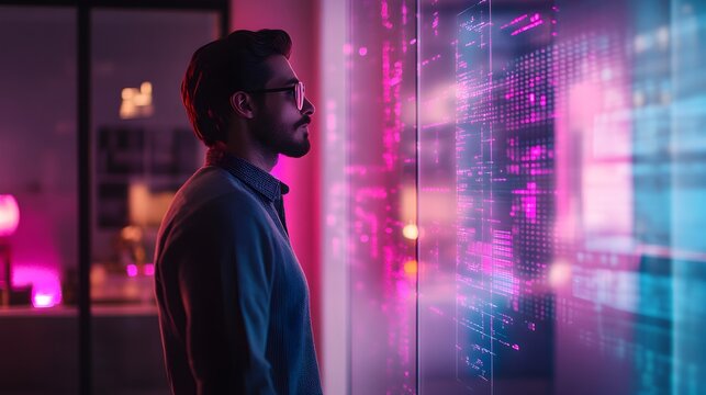 A man is looking at a computer screen with a lot of numbers - Powered by Adobe