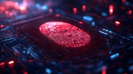 A red fingerprint is on a blue and red background