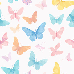 Soft seamless butterfly pattern in pastel gradient colors on white, great for fabrics, wallpapers, wrapping paper, stationery, and elegant spring vector art.
