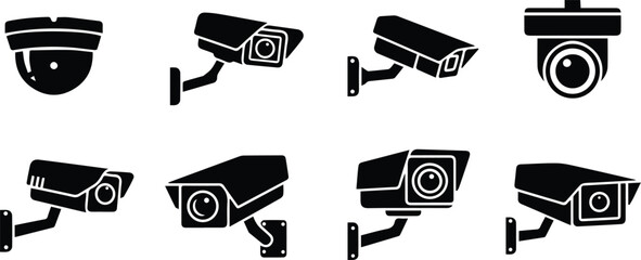  collection of security camera icons, depicting various types of surveillance equipment for monitoring and protection in different environments such as buildings and streets