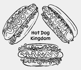 Tasty and delicious hot dog with salad and ketchup sauce in brush stroke texture isolated on white. Hand drawn vector sketch illustration in vintage charcoal ink. Craft menu, logo design