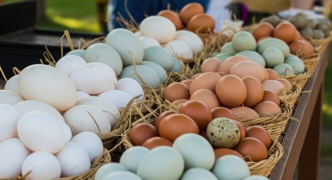 A vibrant collection of fresh, multi-colored farm eggs, including blue, green, and brown, displayed in rustic baskets.