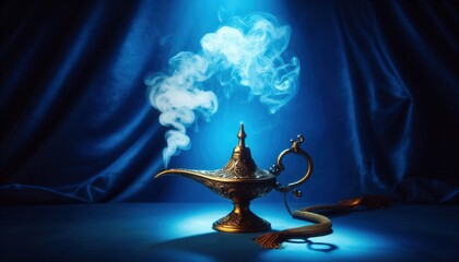 Ornate golden genie lamp with white smoke rising from its spout against a mystical blue background