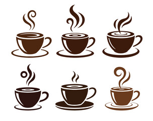 Obraz premium Six stylized brown coffee cups with steaming hot beverages create a cozy and inviting visual for cafes