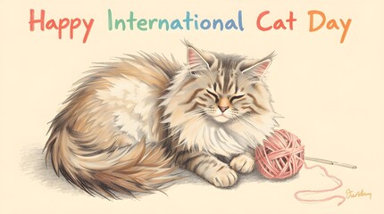 Happy International Cat Day Greeting Card with Hand-Drawn Image