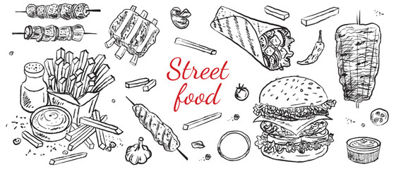 Menu design, web banner, invitation, camping symbol, french fries. Street food design, hamburger line art design. Doner kebab crayon illustration, chicken pita roll in vintage black style.