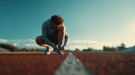 Man tying shoe on running track