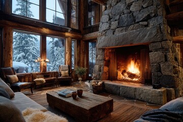 Fototapeta premium Cozy log cabin living room with fireplace