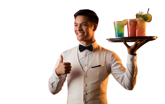Waiter in Classic Uniform Holding Cocktail Tray High and Thumbs Up, Side Perspective, Isolated on Transparent Background