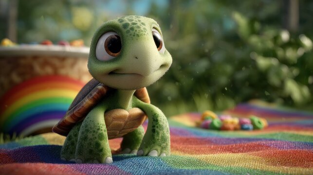 Dorable cartoon turtle with big eyes on a rainbow blanket in a whimsical scene