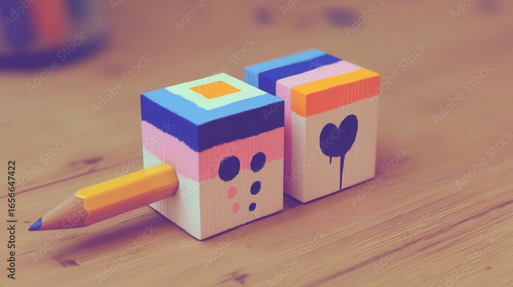 Poster a wooden block with a pencil sticking out of it. the block is decorated with a heart and a snowman