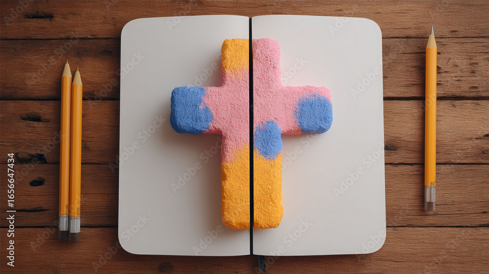 Poster a cross made of colorful blocks is on top of a white notebook. the cross is made of different colore