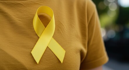 Golden Ribbon on Denim Jacket in City Street for Childhood Cancer Awareness Campaign