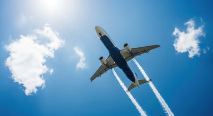 A blue and white airplane flying in the sky with contrails.