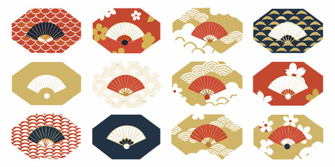 Japanese inspired octagonal frames with fans floral and wave motifs in red gold navy Keywords: Japanese