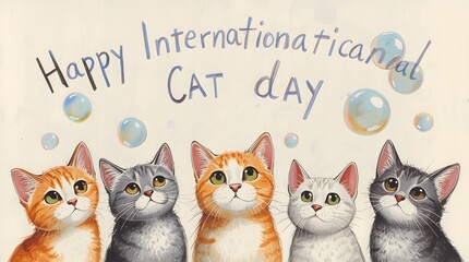 International Cat Day Greeting Cards with Bubbles and Feline Friends
