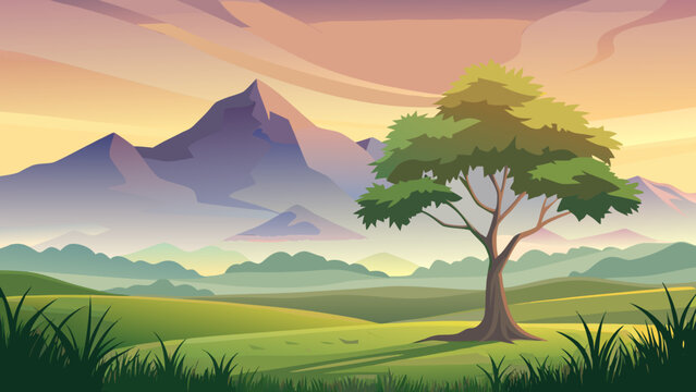 Serene landscape with a lone tree and rolling hills against majestic mountains at sunset