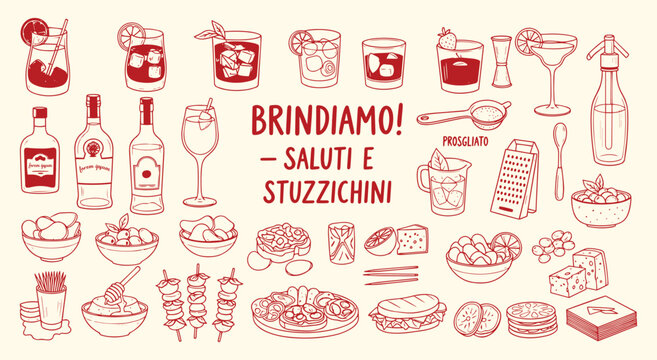 Brindiamo! Italian Bar Classics. A hand drawn vector doodle collection of traditional spirits, cocktails, and snacks for a restaurant menu, promotional flyer, or a classic bar's branding.