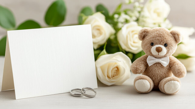 Blank wedding greeting card with wedding rings, delicate flowers and teddy bear in the background. Concept of romance, love and festive celebration with copy space for text.
