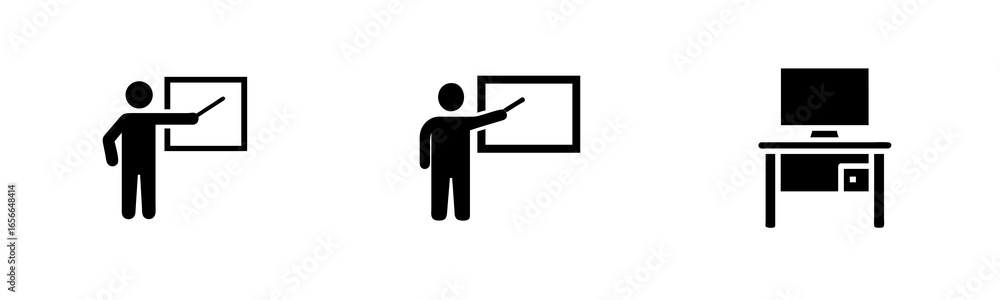 Poster Three icons a person pointing at a screen a computer a desk vector