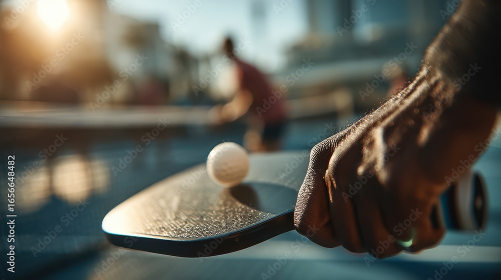 Poster a close-up view of a hand gripping a ping pong paddle, with a ball in motion, capturing the dynamic 