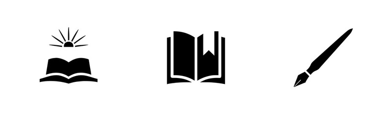 Three icons an open book with sun rays an open book with bookmark a fountain pen