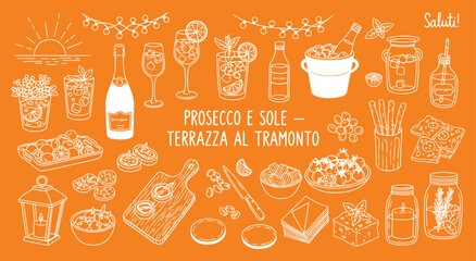 Prosecco and Sun. Terrace at Sunset. A vibrant vector doodle set of Italian aperitivo food and drinks for a summer party poster, social media announcement, or an event invitation graphic.