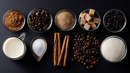 flat lay of coffee ingredients beans