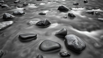 Smooth river stones captured in a minimalist black and white composition, with water flowing gently around them.